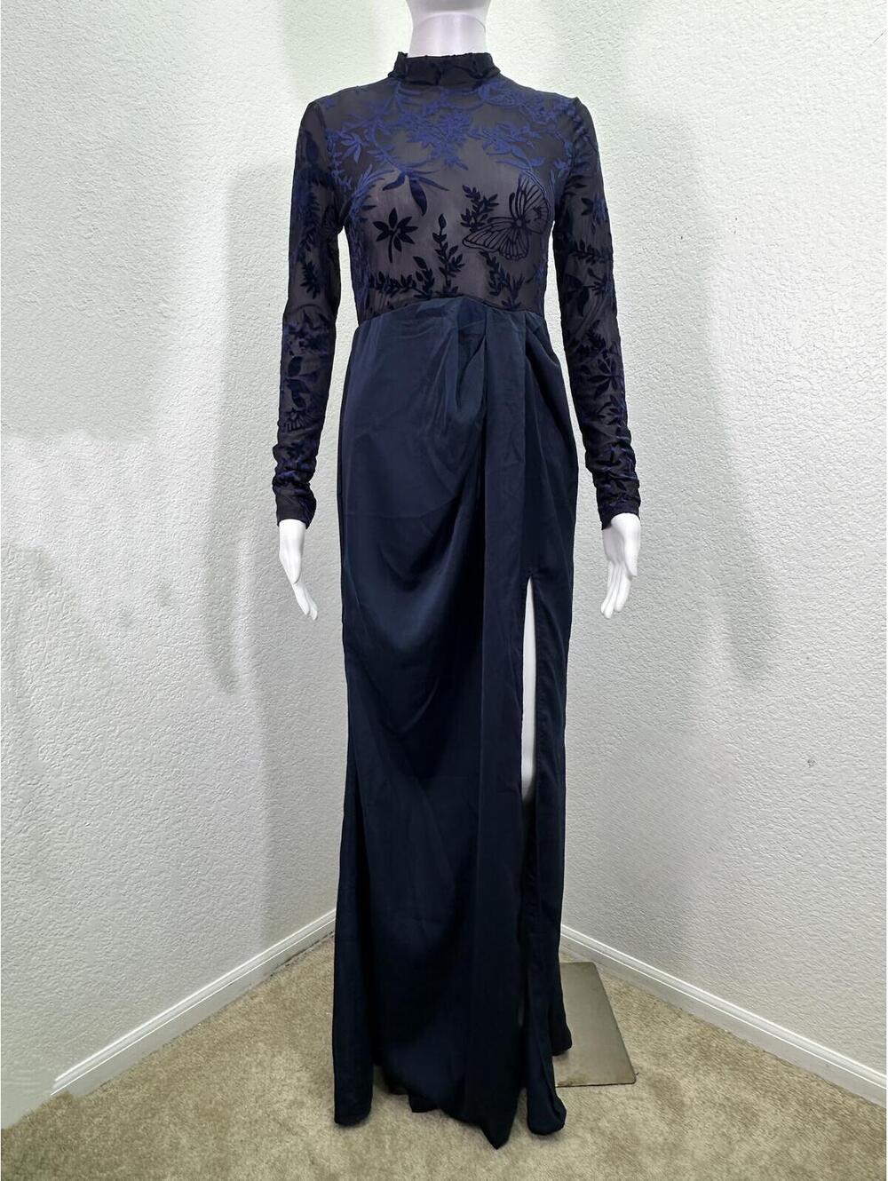 Sz XS Shein Navy Burnout Velvet Butterfly Maxi Dress Goth Whimsigoth Romantic